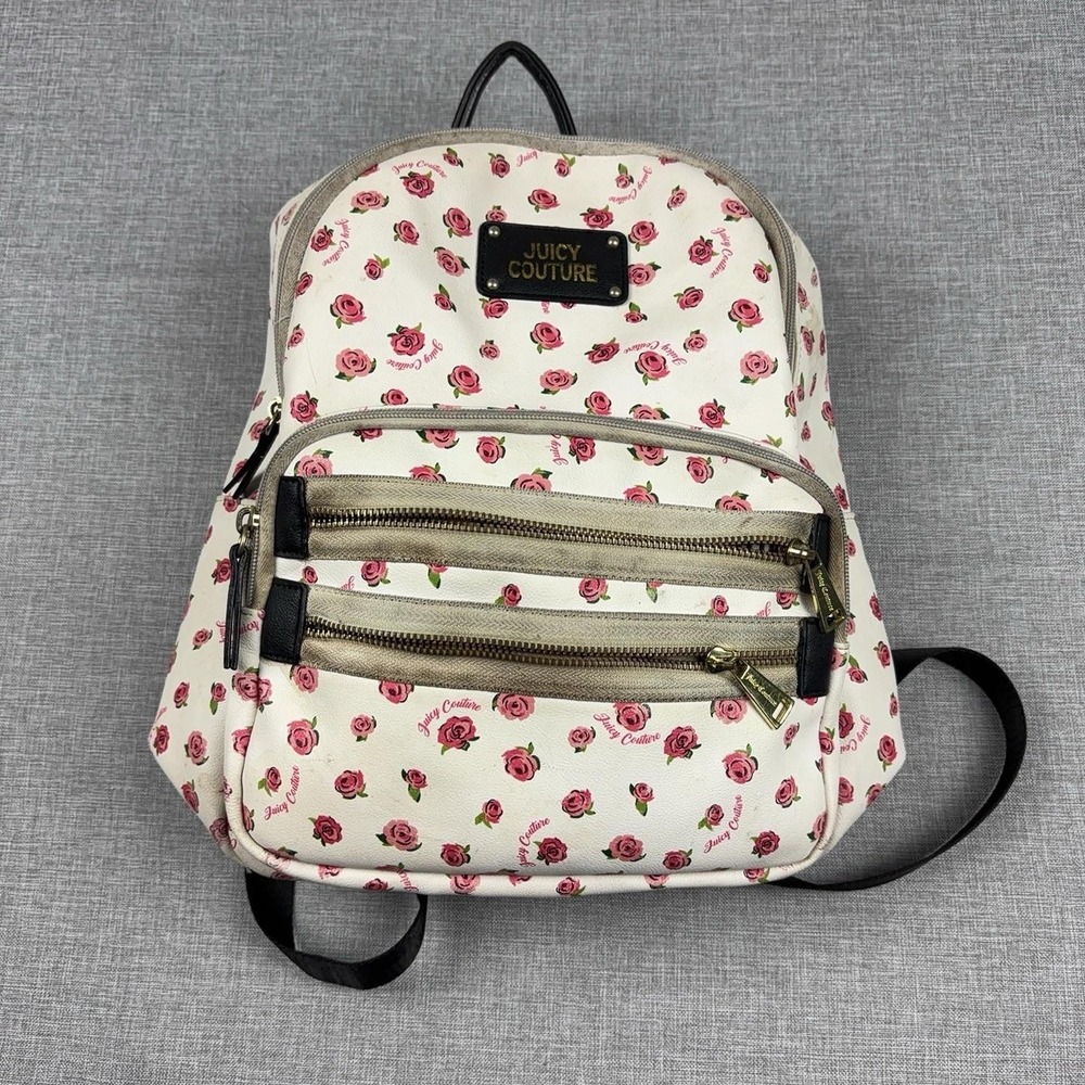 Juicy Couture Backpack White Pink Rose Floral Multi Zip Coquette Y2K Style